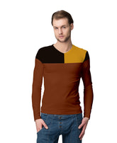 Model wearing a men's multicolour long sleeve t-shirt with bold color blocking, showcasing a trendy casual style.